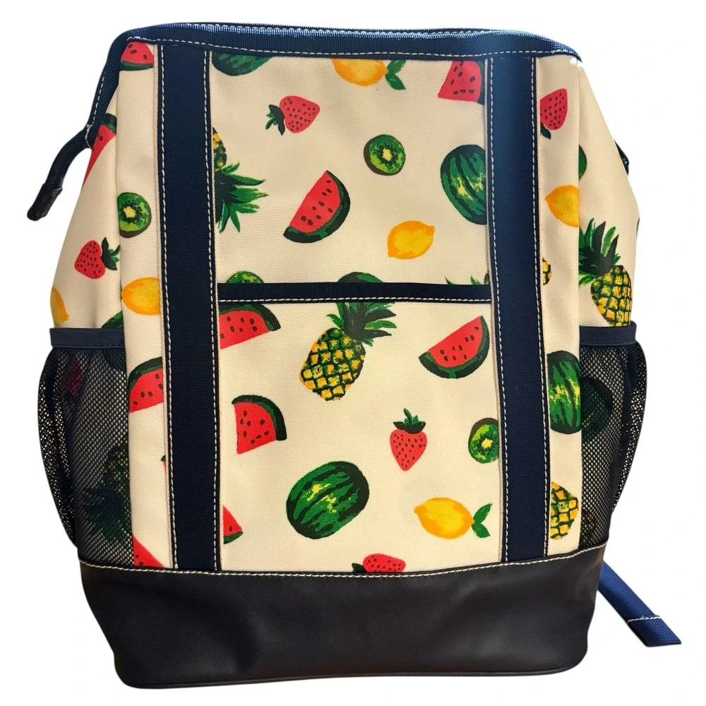 Lands End Large Canvas Coated Fruit Print Backpack Navy Trim Insulated CoolerBag